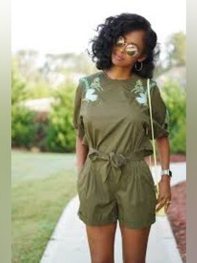 Zara Romper Olive Green Embroidered Open Back Tie Size M